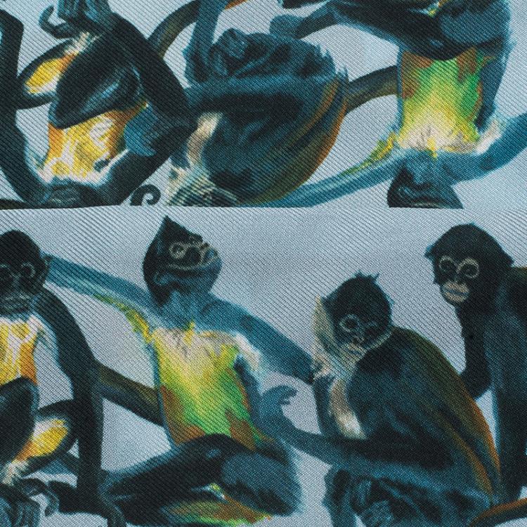 Pre Owned Valentino Light Blue Spider Monkey Printed Silk Neck Scarf