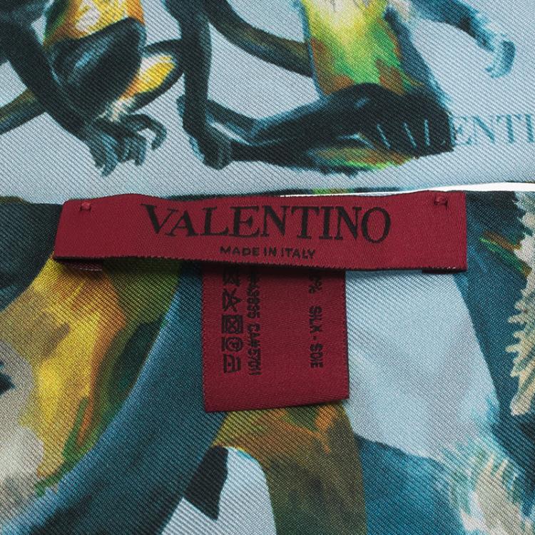 Pre Owned Valentino Light Blue Spider Monkey Printed Silk Neck Scarf