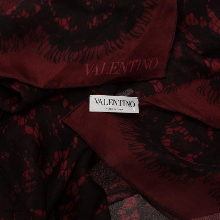 Pre Owned Valentino Burgundy Floral Lace Print Silk Stole