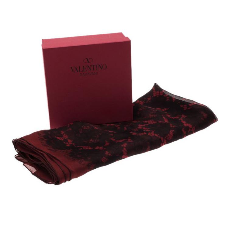 Pre Owned Valentino Burgundy Floral Lace Print Silk Stole