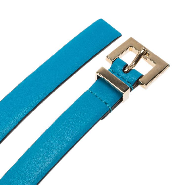Pre Owned Valentino Sky Blue Leather  Studded Skinny Belt 75 CM