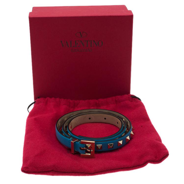 Pre Owned Valentino Sky Blue Leather  Studded Skinny Belt 75 CM
