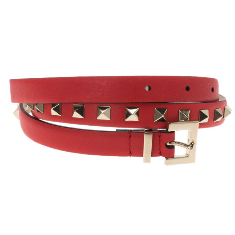 Pre Owned Valentino Sky Red Leather Studded Skinny Belt 75 CM