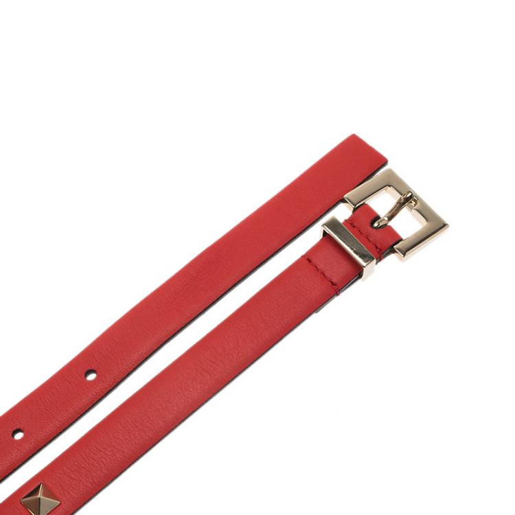 Pre Owned Valentino Sky Red Leather Studded Skinny Belt 75 CM