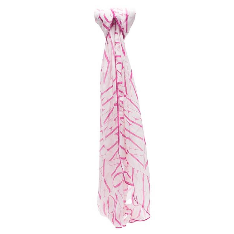Pre Owned Valentino Signature White & Pink Printed Long Silk Scarf