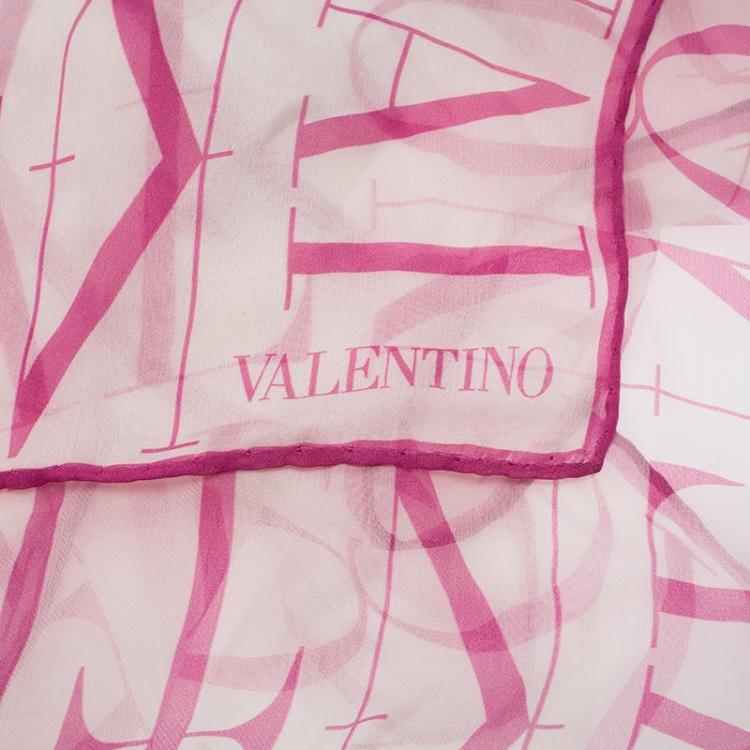 Pre Owned Valentino Signature White & Pink Printed Long Silk Scarf