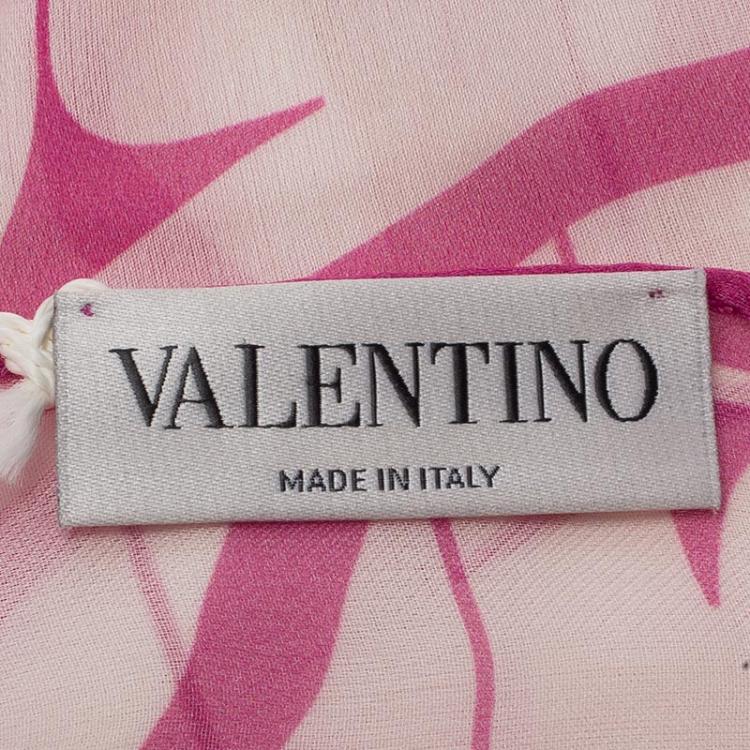 Pre Owned Valentino Signature White & Pink Printed Long Silk Scarf