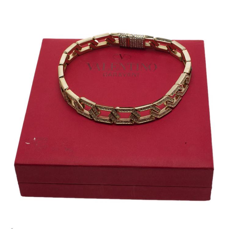Pre Owned Valentino Crystal Studded Chain Link Gold Tone Collar Necklace