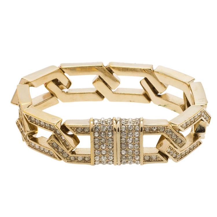 مملوكة مسبقًا Valentino Crystal Studded Chain Link Gold Tone Bracelet 18.50cm
