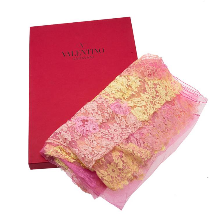 Pre Owned Valentino Pink & Yellow Floral Net Lace Scarf