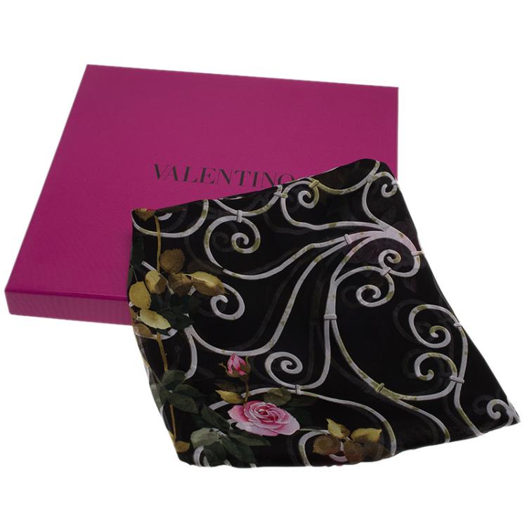 Pre Owned Valentino Black Rose Trellis Printed Silk Scarf 