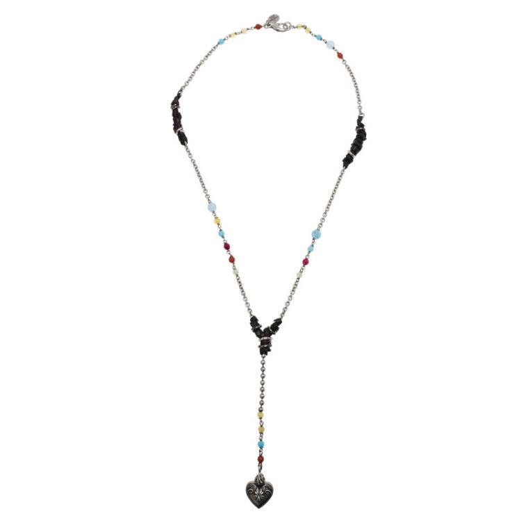مملوكة مسبقًا Valentino Multicolor Beads, Leather Trims and Silver Tone Heart Long Necklace