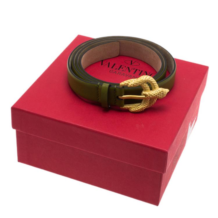 Pre Owned Valentino Military Green Leather Phoenix Buckle Belt 90 CM