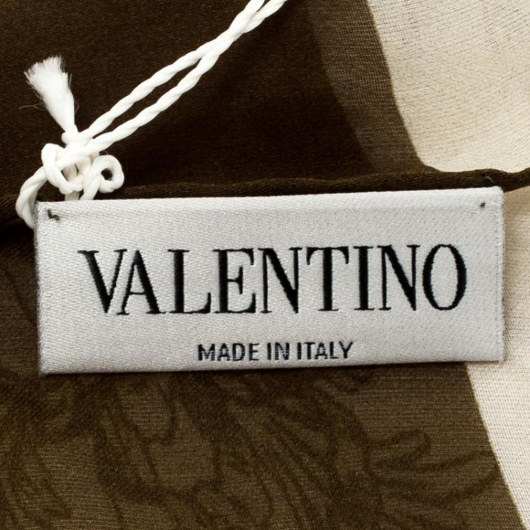 Pre Owned Valentino Olive Green & Cream Floral Printed Silk Scarf