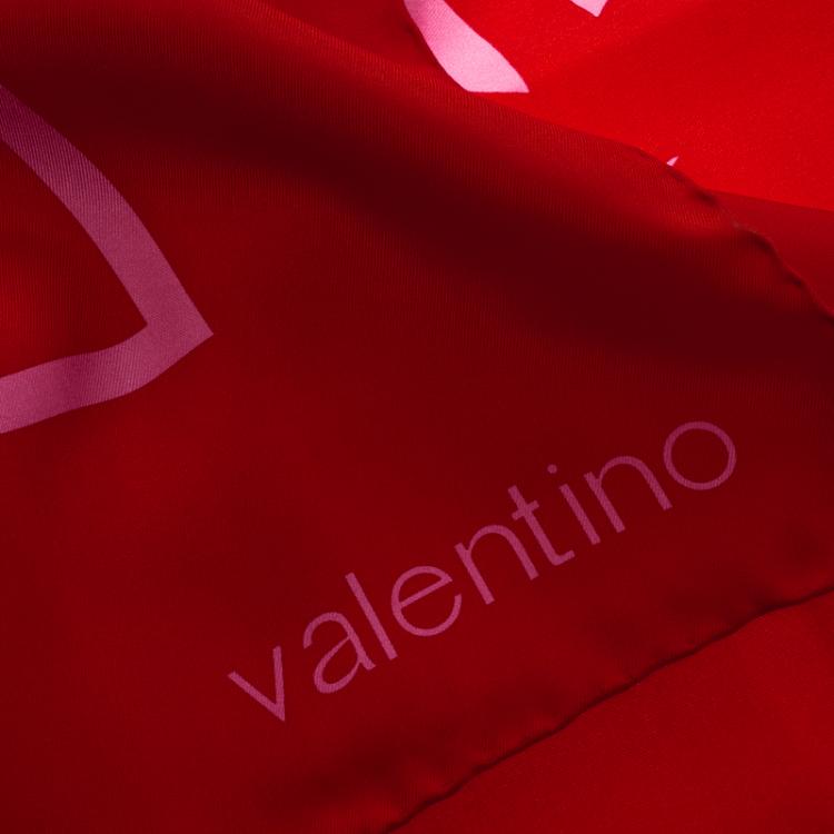 Pre Owned Valentino Pink And Red Printed Silk 1970 Re-Edition Vintage Square Scarf