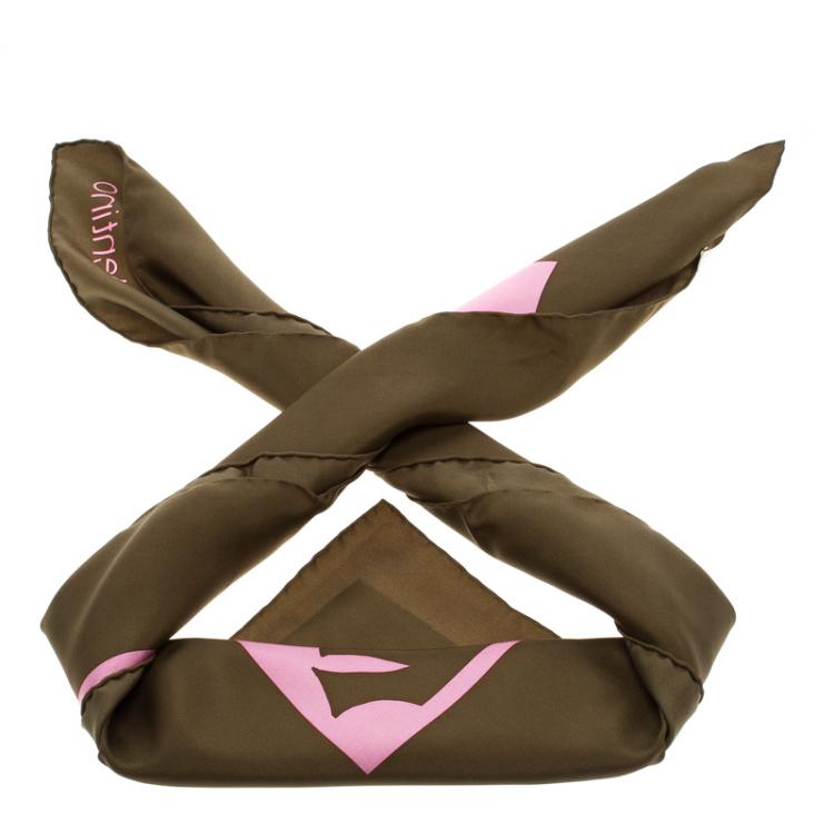 Pre Owned Valentino Pink And Olive Green Printed Silk 1970 Re-Edition Vintage Square Scarf