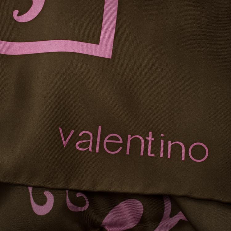 Pre Owned Valentino Pink And Olive Green Printed Silk 1970 Re-Edition Vintage Square Scarf