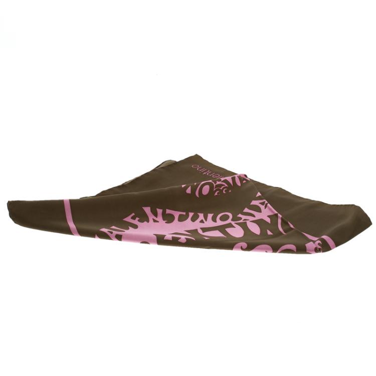 Pre Owned Valentino Pink And Olive Green Printed Silk 1970 Re-Edition Vintage Square Scarf