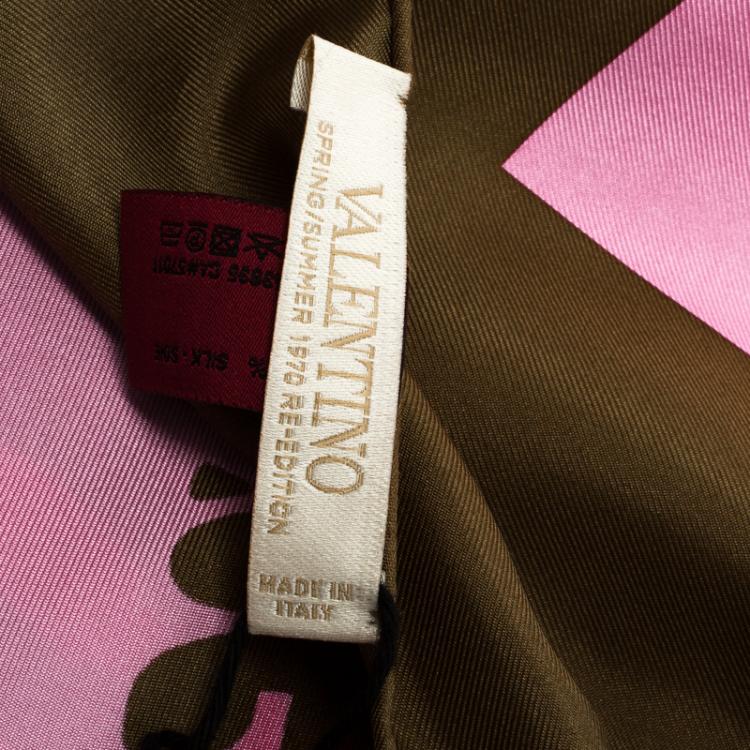 Pre Owned Valentino Pink And Olive Green Printed Silk 1970 Re-Edition Vintage Square Scarf