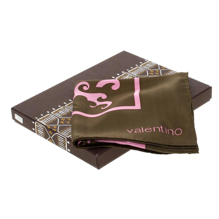 Pre Owned Valentino Pink And Olive Green Printed Silk 1970 Re-Edition Vintage Square Scarf