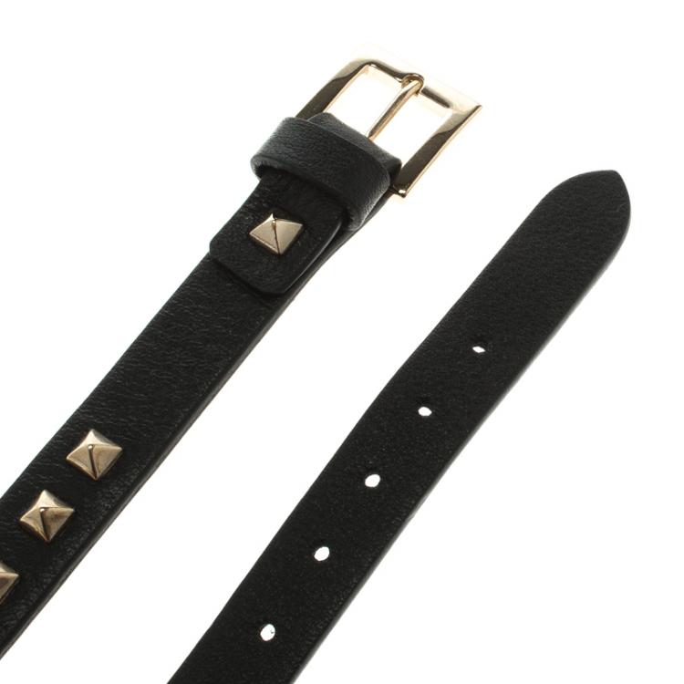 Pre Owned Valentino Gold Tone Rockstuds Black Leather Double Wrap Bracelet