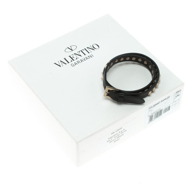 Pre Owned Valentino Gold Tone Rockstuds Black Leather Double Wrap Bracelet