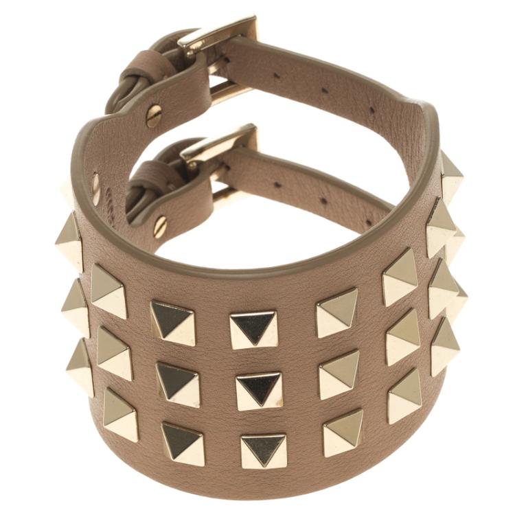 Pre Owned Valentino Rockstud Beige Leather Gold Tone Cuff Bracelet One Size