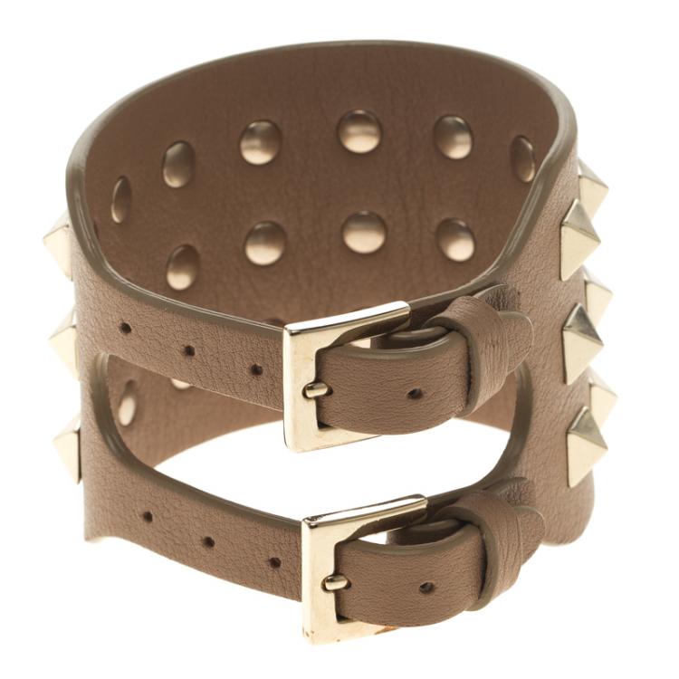 Pre Owned Valentino Rockstud Beige Leather Gold Tone Cuff Bracelet One Size