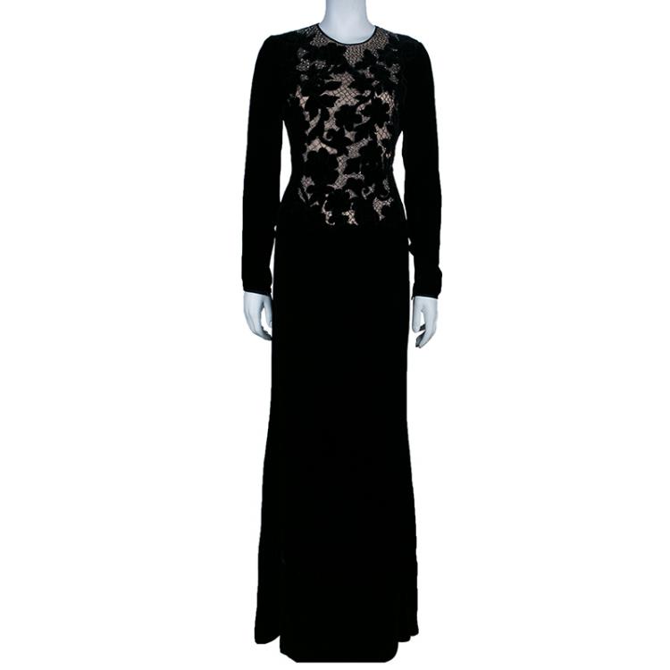 Pre Owned Valentino Black Floral Inset Velvet Gown M
