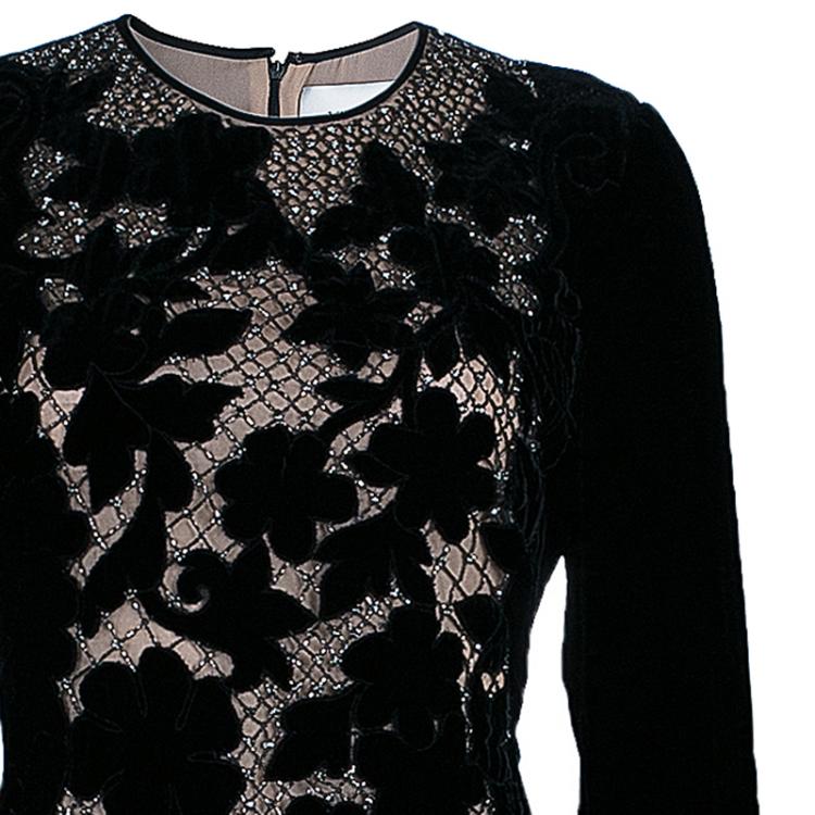 Pre Owned Valentino Black Floral Inset Velvet Gown M