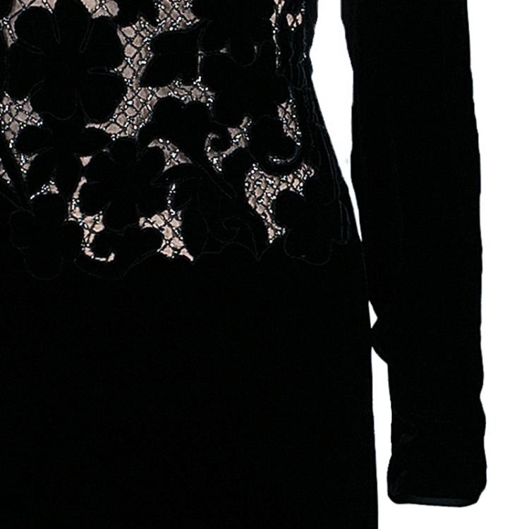 Pre Owned Valentino Black Floral Inset Velvet Gown M