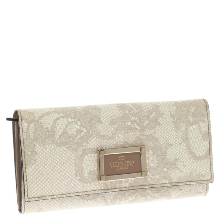 Pre Owned Valentino Beige Lace Print PVC Continental Wallet