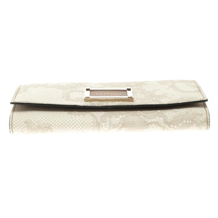 Pre Owned Valentino Beige Lace Print PVC Continental Wallet