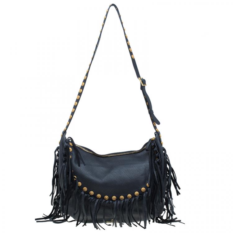 Pre Owned Valentino Black Leather C Rockee Studded Fringe Hobo Bag