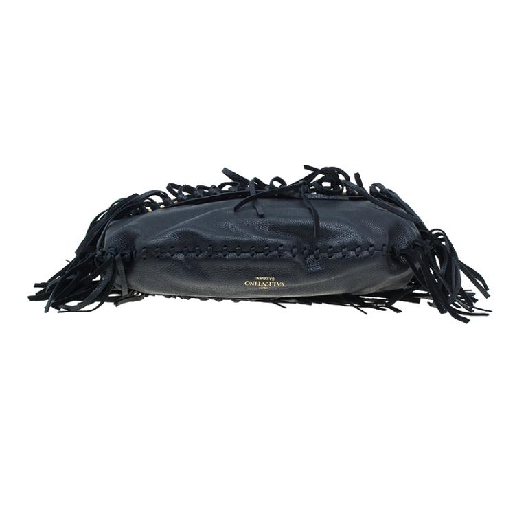 Pre Owned Valentino Black Leather C Rockee Studded Fringe Hobo Bag
