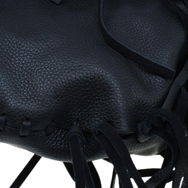 Pre Owned Valentino Black Leather C Rockee Studded Fringe Hobo Bag