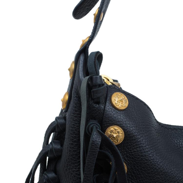 Pre Owned Valentino Black Leather C Rockee Studded Fringe Hobo Bag