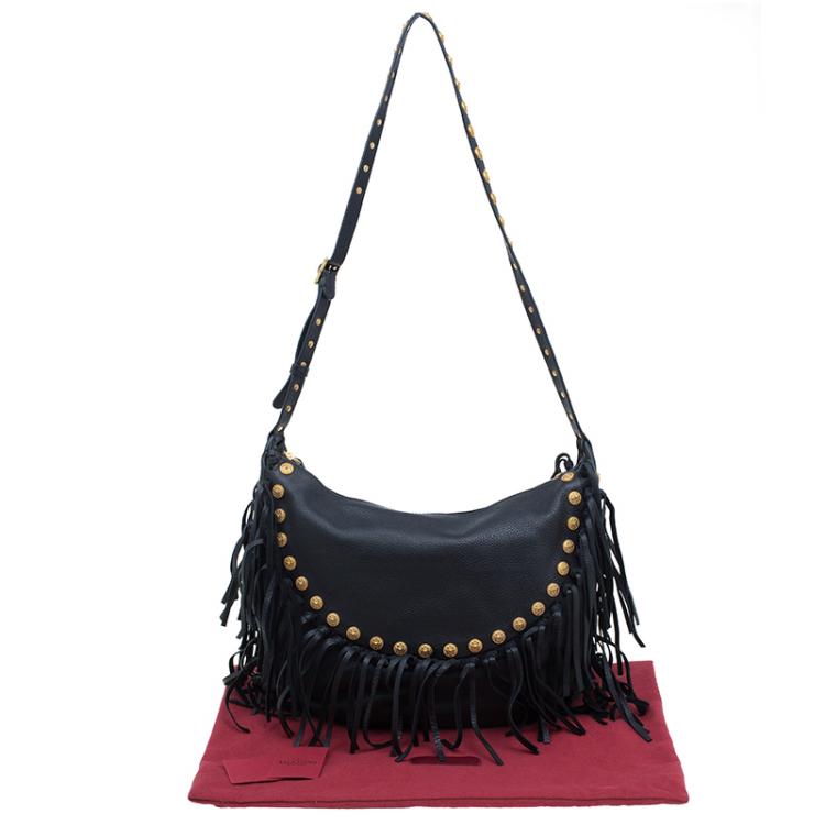 Pre Owned Valentino Black Leather C Rockee Studded Fringe Hobo Bag