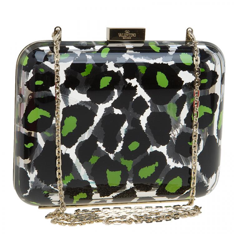 Pre Owned Valentino Leopard Print Plexiglass Chain Clutch 