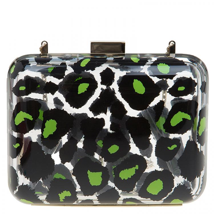 Pre Owned Valentino Leopard Print Plexiglass Chain Clutch 