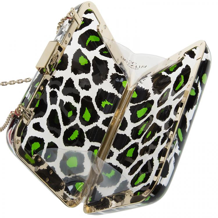 Pre Owned Valentino Leopard Print Plexiglass Chain Clutch 