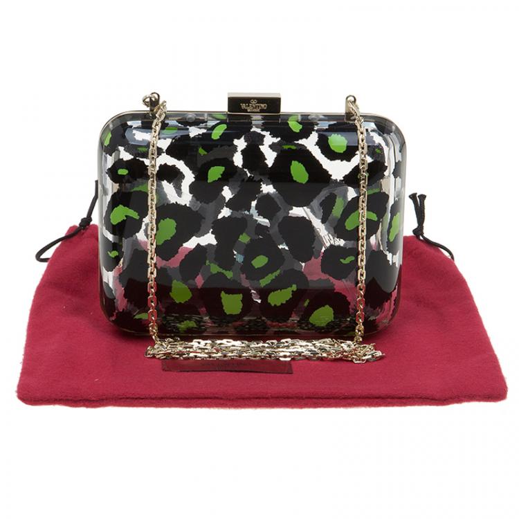 Pre Owned Valentino Leopard Print Plexiglass Chain Clutch 