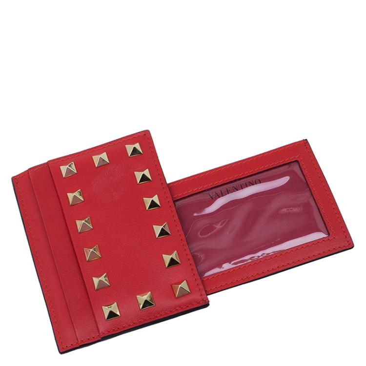 Pre Owned Valentino Red Leather Rockstud Card Holder 