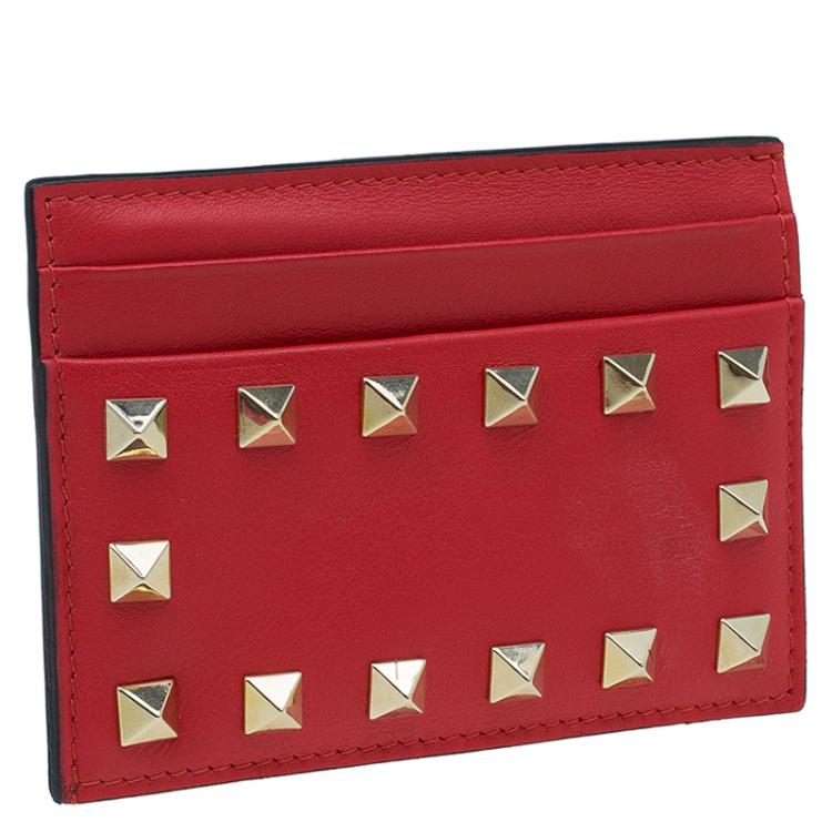 Pre Owned Valentino Red Leather Rockstud Card Holder 