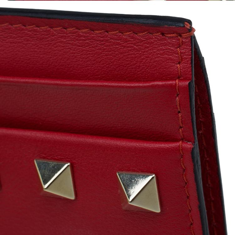 Pre Owned Valentino Red Leather Rockstud Card Holder 
