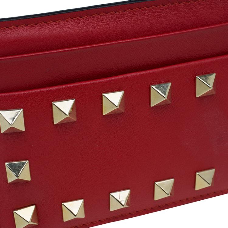 Pre Owned Valentino Red Leather Rockstud Card Holder 