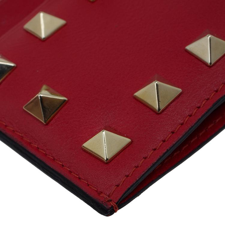 Pre Owned Valentino Red Leather Rockstud Card Holder 