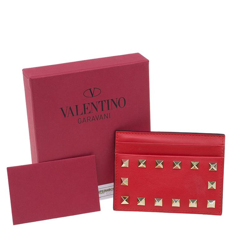 Pre Owned Valentino Red Leather Rockstud Card Holder 