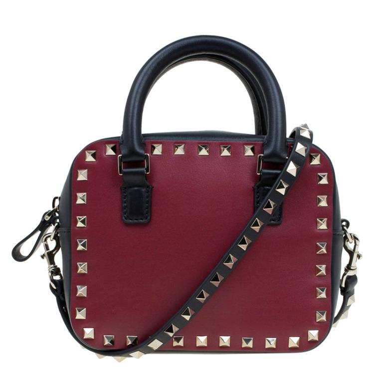 Pre Owned Valentino Red/Black Leather Mini Rockstud Top Handle Bag