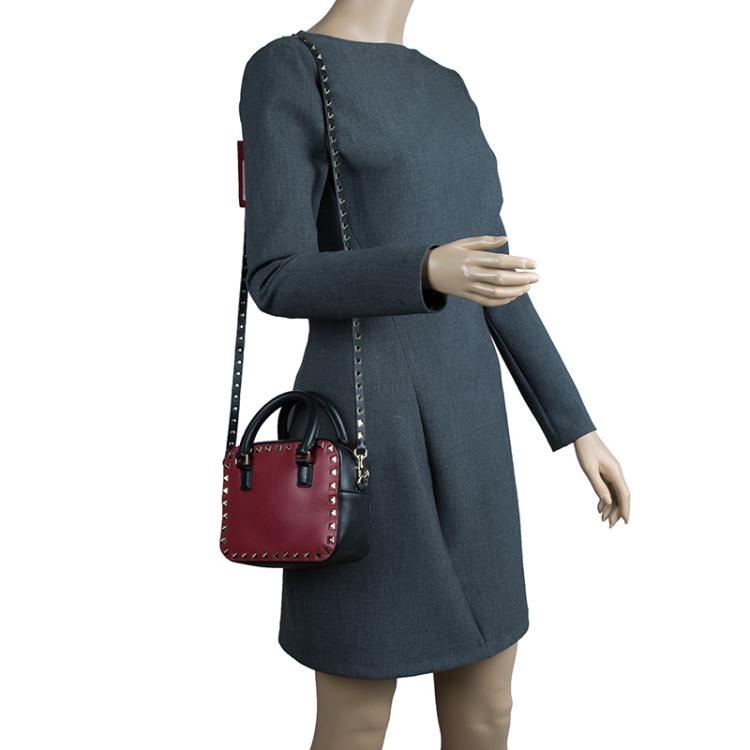 Pre Owned Valentino Red/Black Leather Mini Rockstud Top Handle Bag
